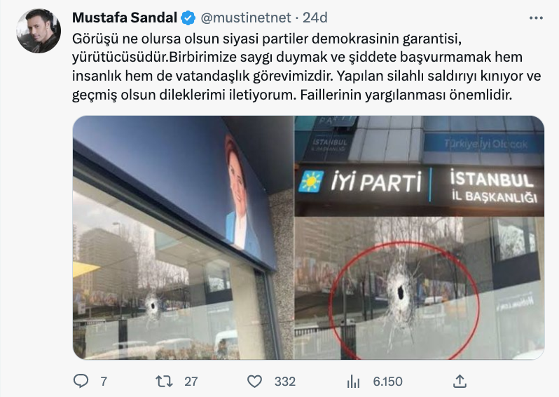 mustafa sandal dan iyi parti istanbul il baskanligi binasinin kursunlanmasi ile ilgili aciklama